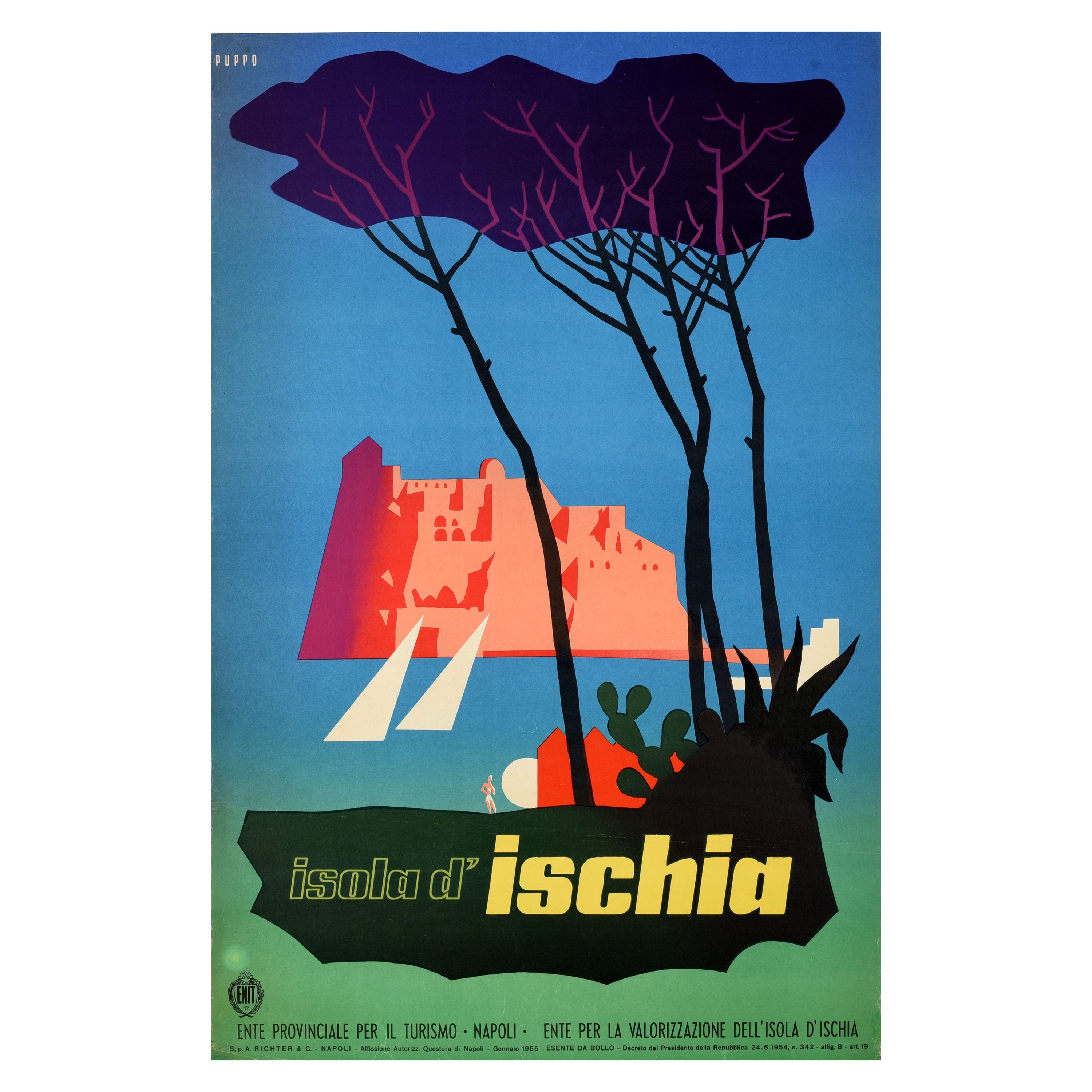 Original Vintage Travel Poster Isola Ischia Island Italy ENIT Castle Sailing Art