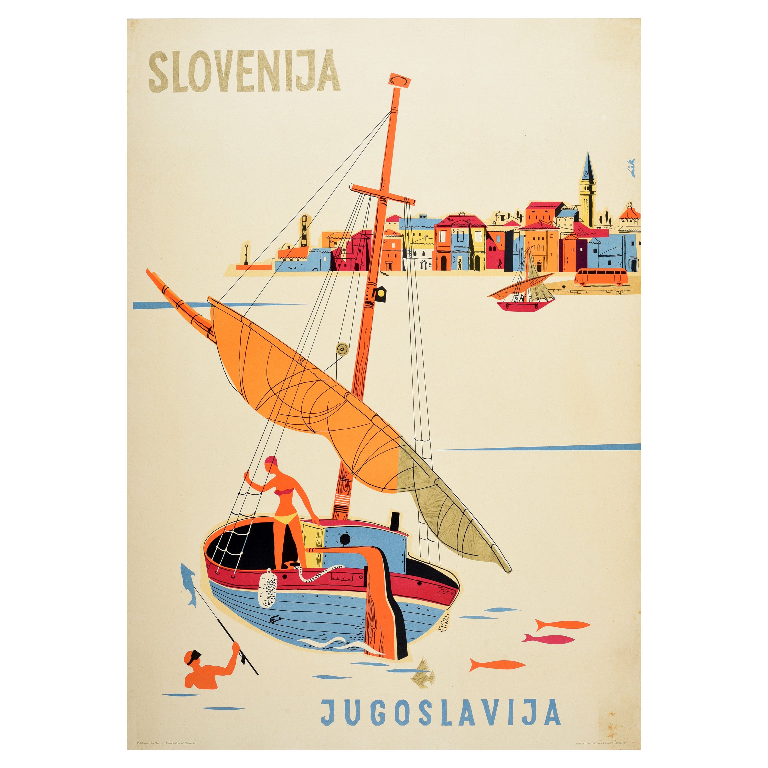 Poster di viaggio originale d'epoca Slovenia Yugoslavia Mare Pesca Nuoto Porto