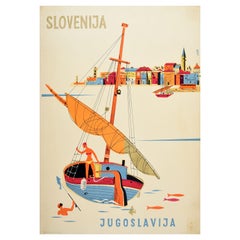 Original Vintage Travel Poster Slovenia Yugoslavia Sea Fishing Swimming Harbour