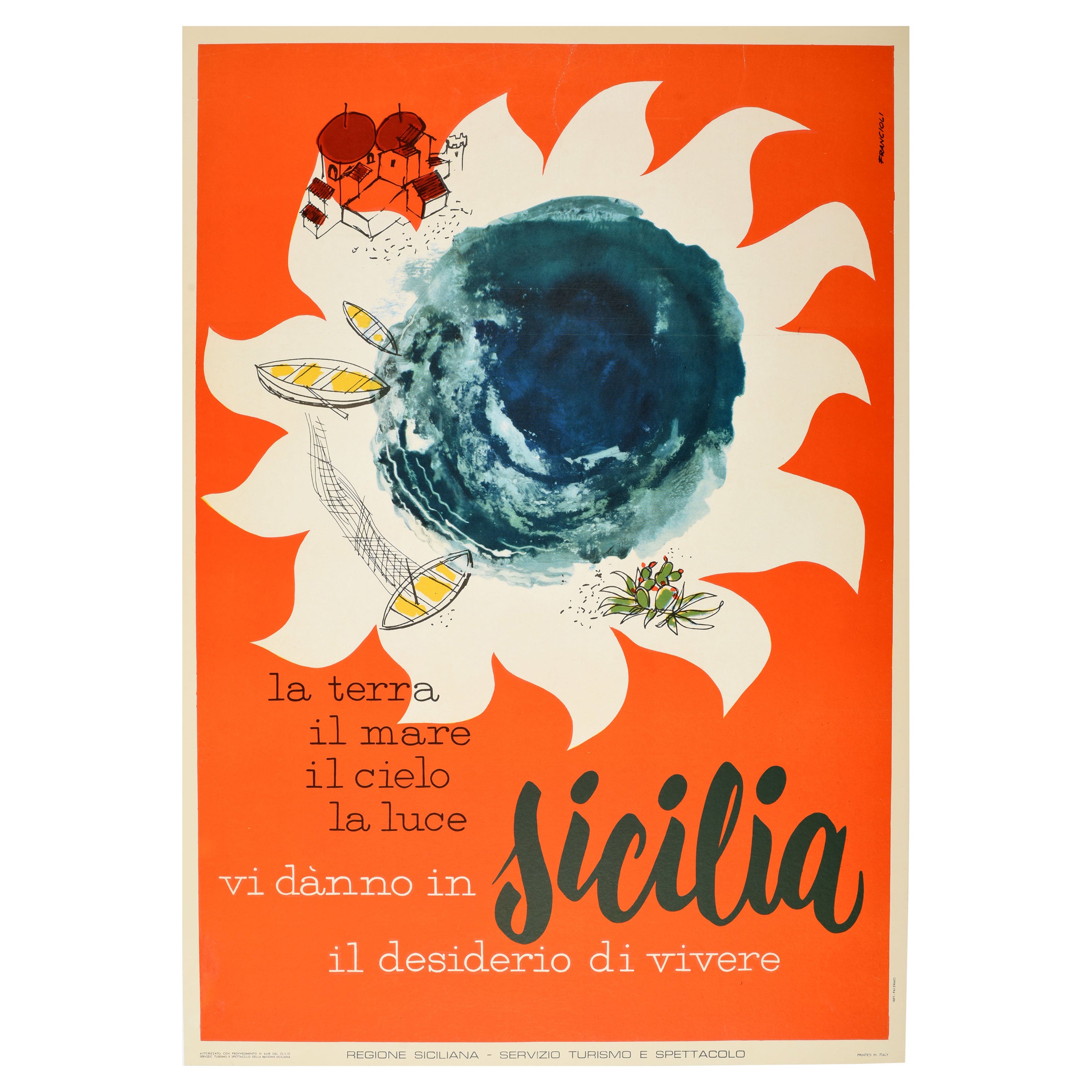 Original Vintage Travel Poster Sicilia Sicily Sun Earth Light Sky Fishing Boats