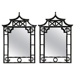 Vintage Asian Black Lacquered Pagoda Mirrors, a Pair