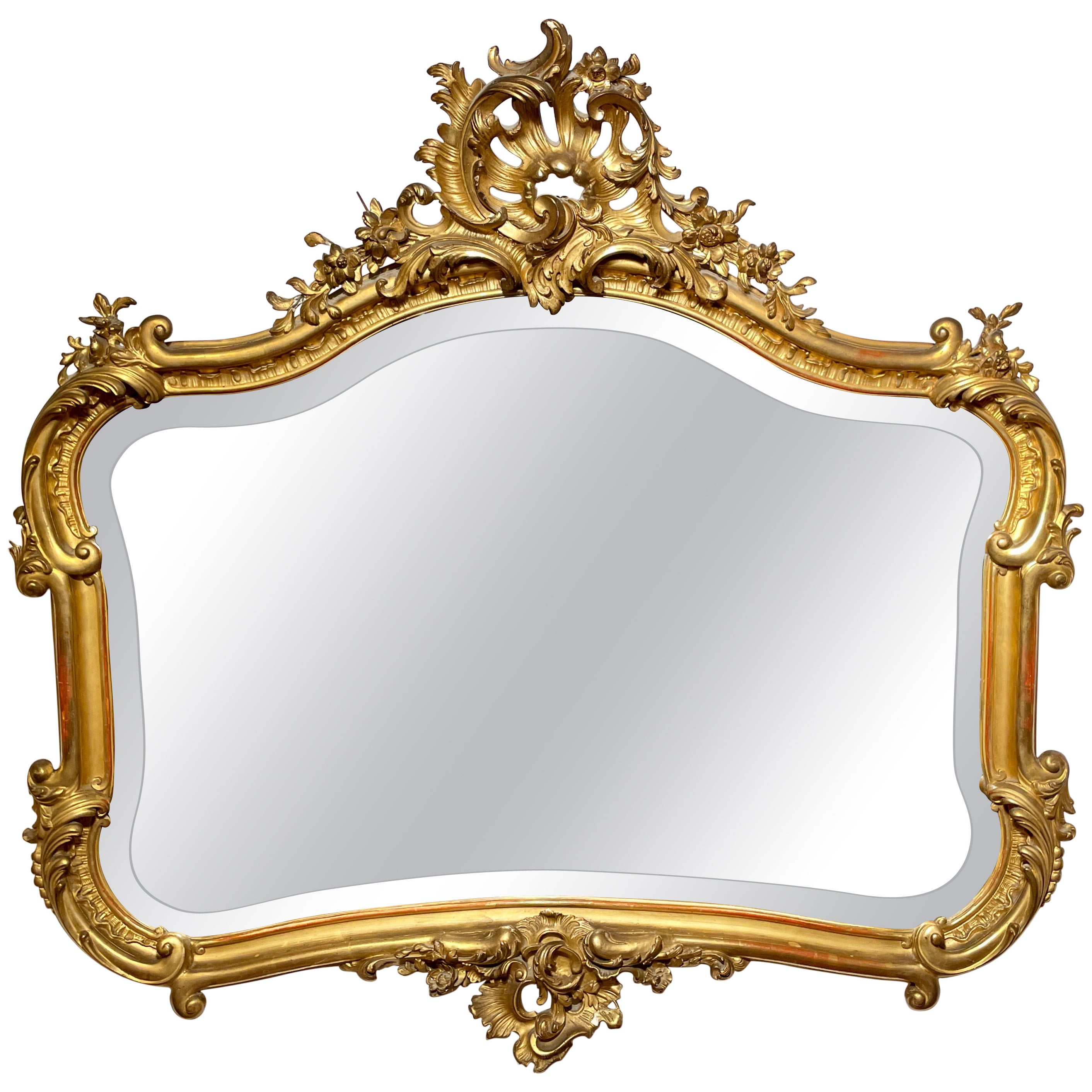 Antique 19th Century French Louis XV Carved Gold Leaf Mirror with