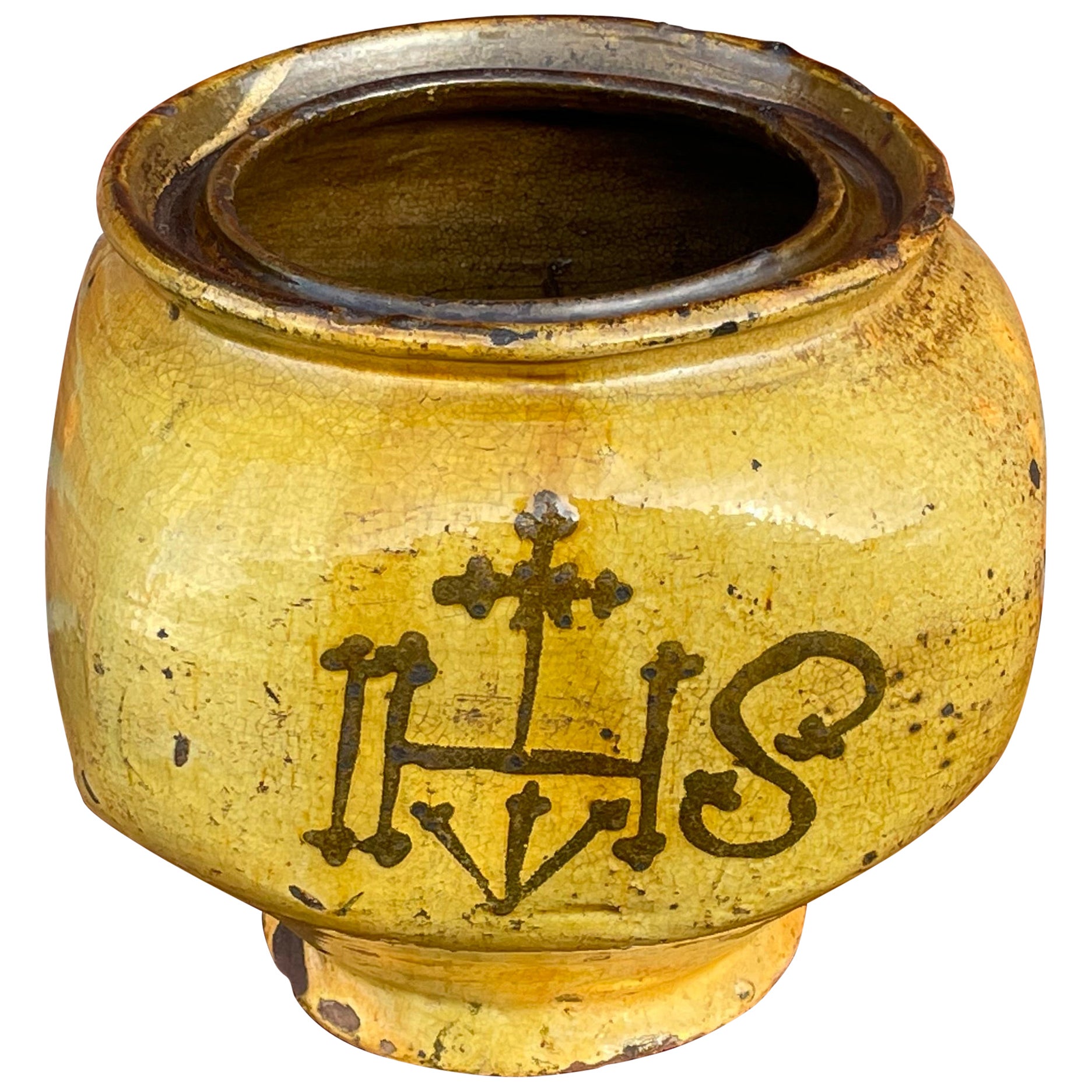 Antique & Unique Glazed Earthenware Pot W. Gothic Christogram / Christ Symbolism