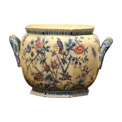 19th Century French Painted Barbotine Faience Planter with Floral & Bird Motifs