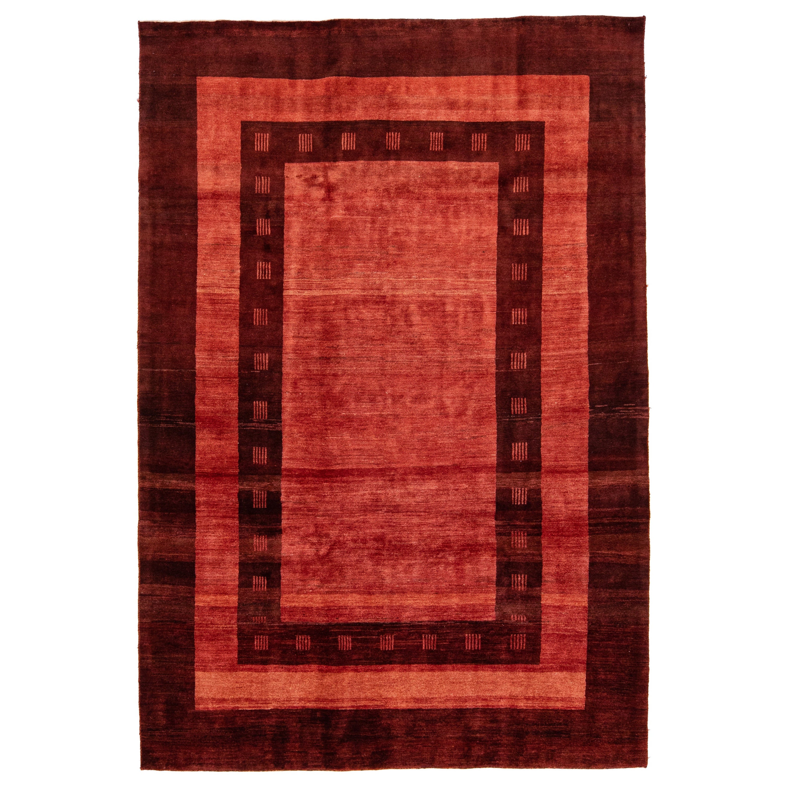 Modern Persian Gabbeh Red Handmade Wool Rug with Geometric Pattern For Sale