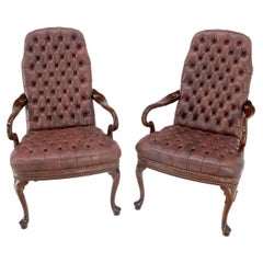Vintage Pair Burgundy Leather Queen Anne Tufted Upholstery Walnut Armchairs MINT