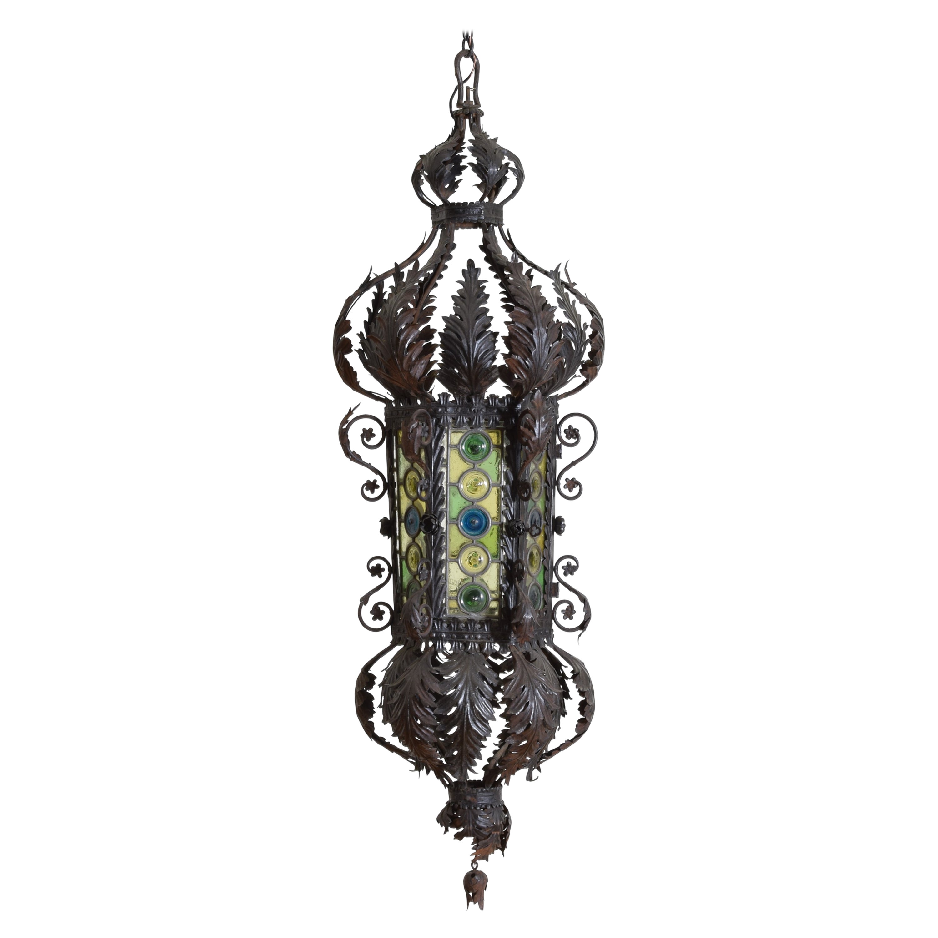 Italian, Napoli, Large Wrought Iron, Metal & Leaded Glass Lantern, ca. 1900