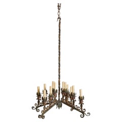 Italian Wrought Iron & Polychrome Painted 12-Light Chandelier, Late 19th Cen