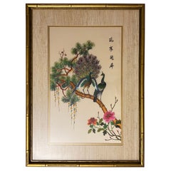 Antique Silk Thread Wall Art Flora and Fauna Painting Featuring Peacocks