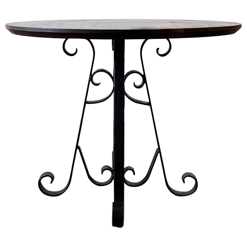 Rustic Walnut Side Table with Wrought Iron Base  For Sale