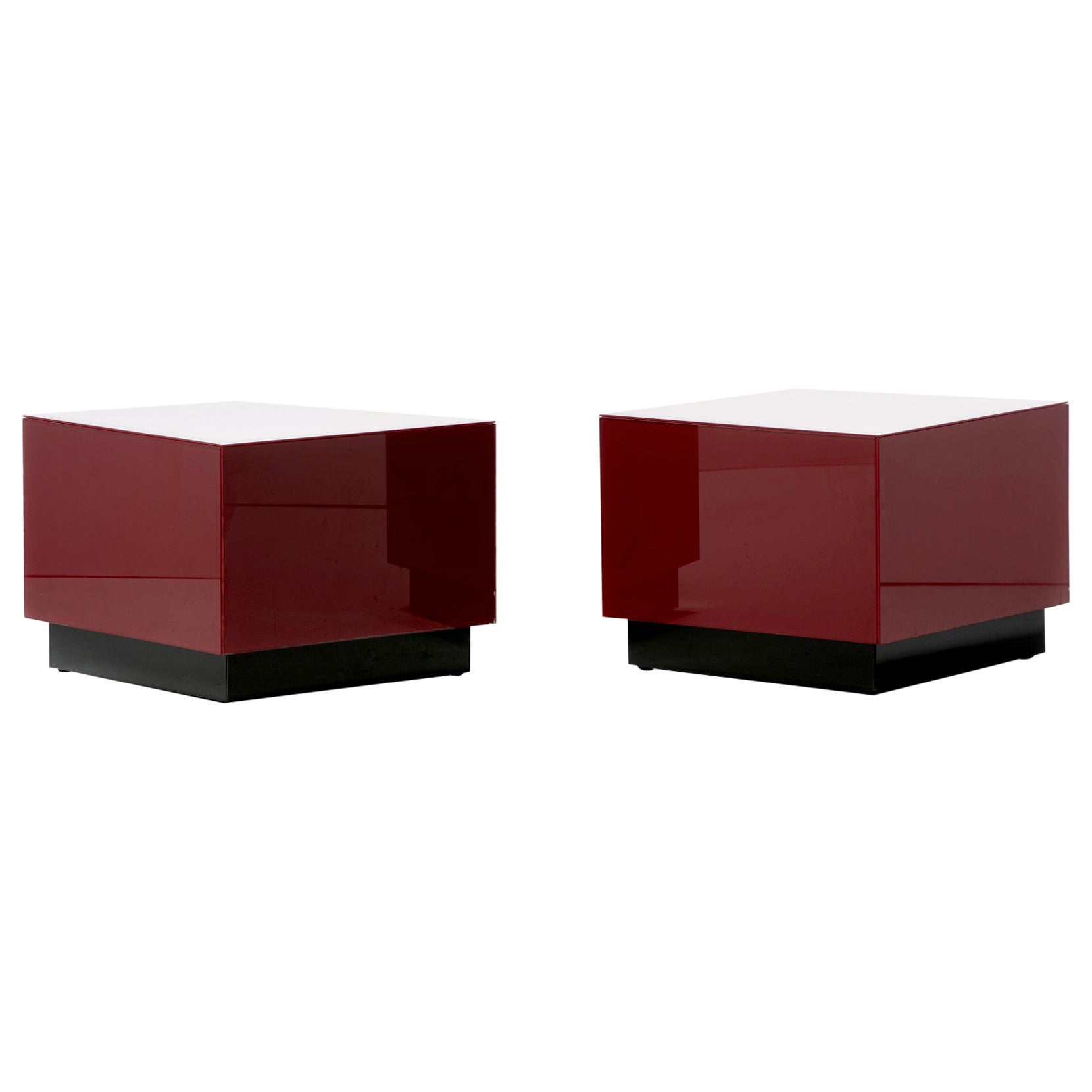 Post Modern Reverse Painted Red and Black Glass Cube End Tables c. 1980 For Sale