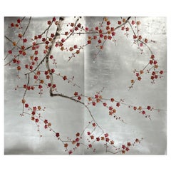 Plum Blossom Wallpaper Hand Painted Wallpaper on Silver Metallic with Antiques