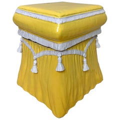 Vintage Regency Style Italian Ceramic Yellow Garden Stool With Tassels and Drapin