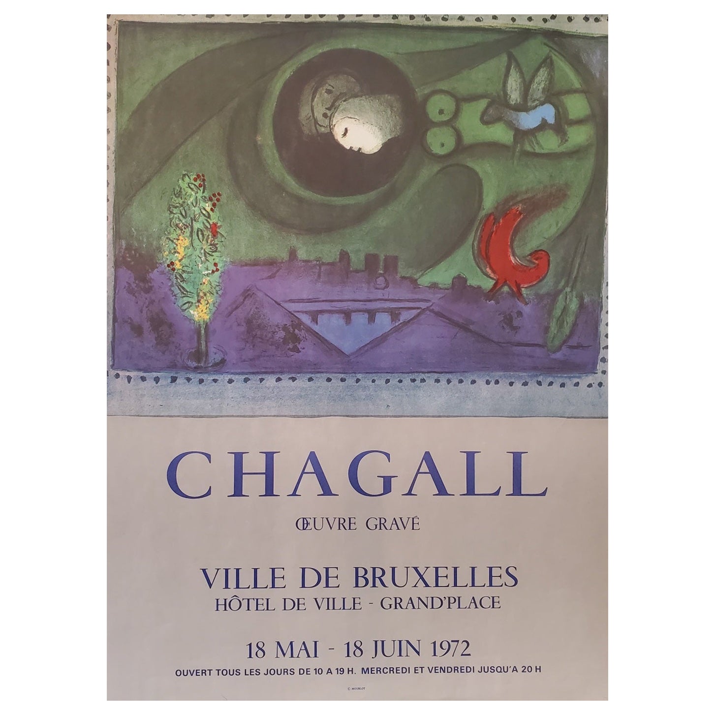 1972 Original Vintage Exhibition poster, MARC CHAGALL, 'Ville De Bruxelles' For Sale