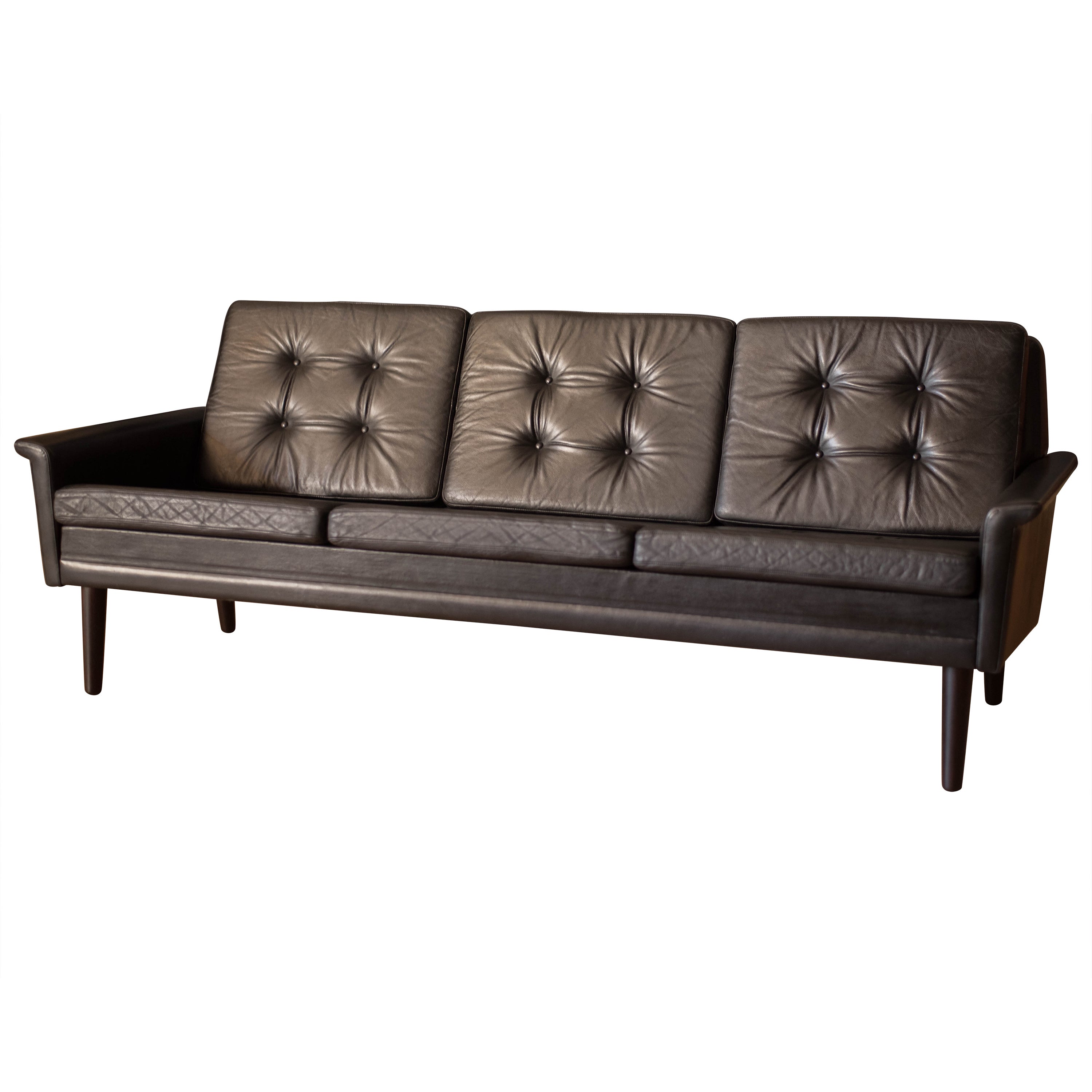 Vintage Scandinavian Rosewood and Black Leather Three Seat Sofa