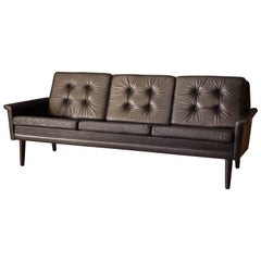 Vintage Scandinavian Rosewood and Black Leather Three Seat Sofa