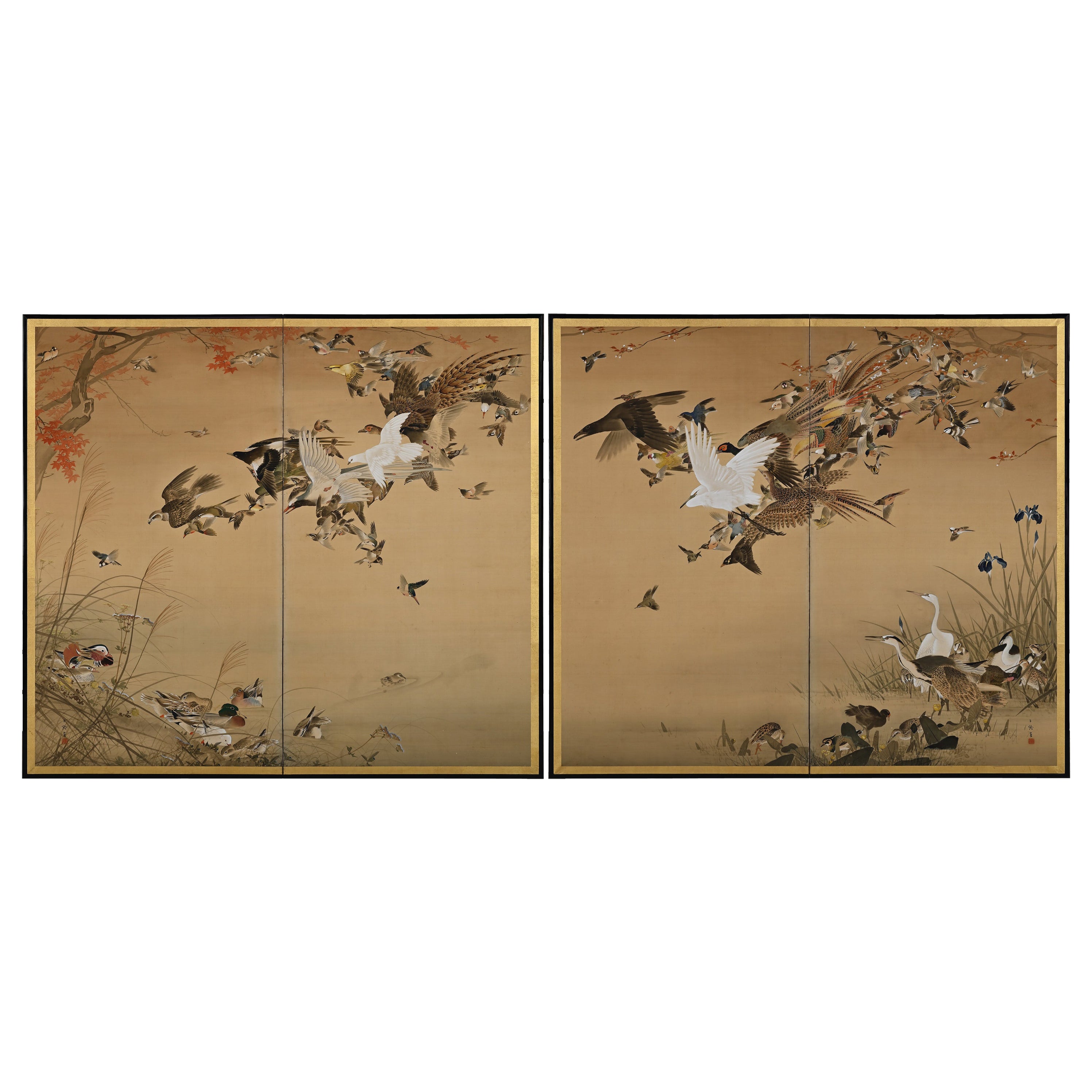 Japanisches Raumteilerpaar aus der Meiji-Periode, Einhundert Vögel von Hasegawa Gyokujun