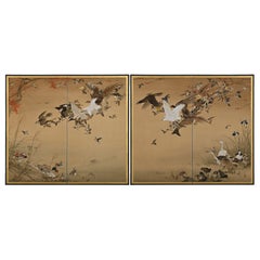 Antique Meiji Period Japanese Screen Pair, One Hundred Birds by Hasegawa Gyokujun