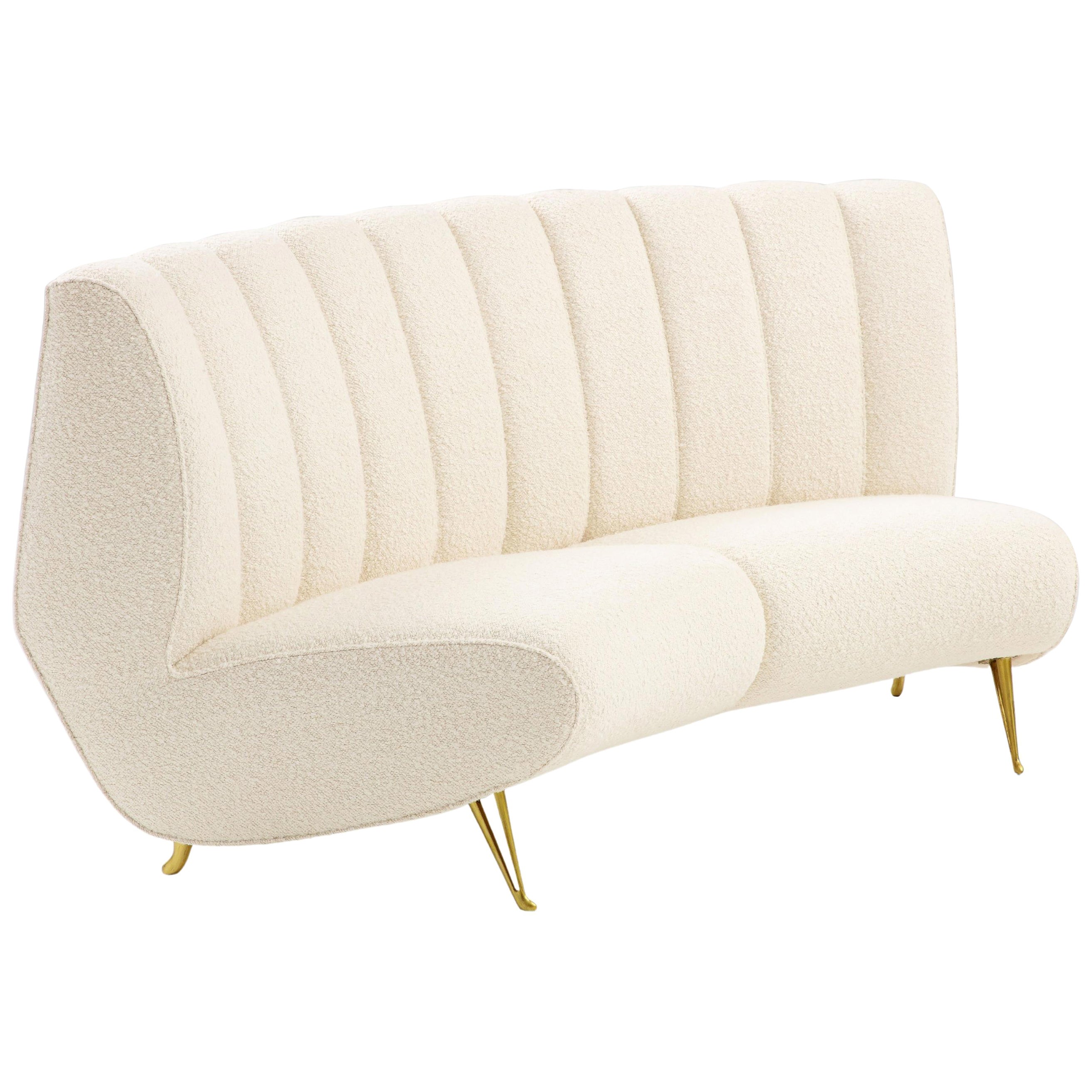 ISA Bergamo Rare Curved Settee in Ivory Bouclé, Italy, 1950s