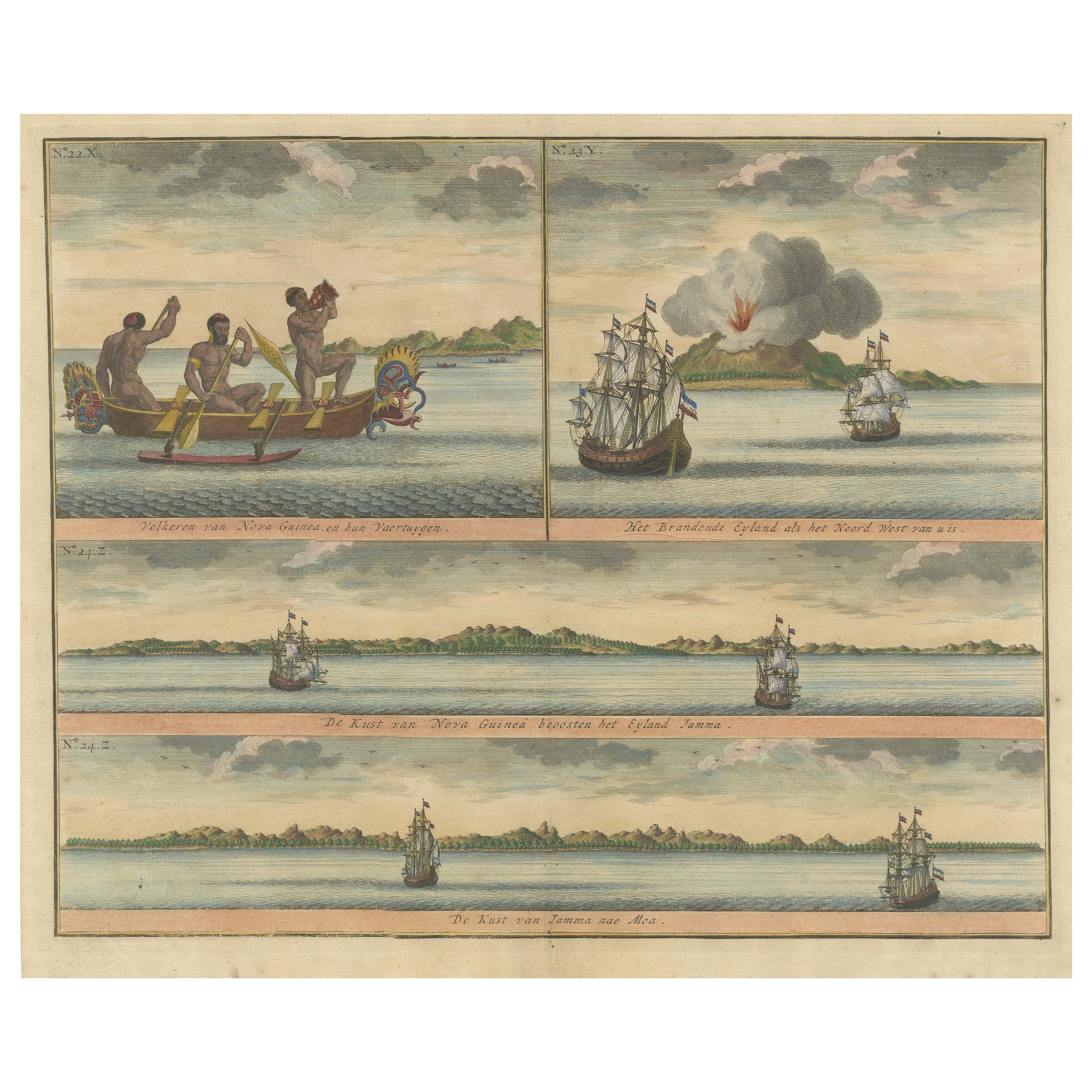 Colored Antique Print of New Guinea Fishermen and views of New Guinea For Sale