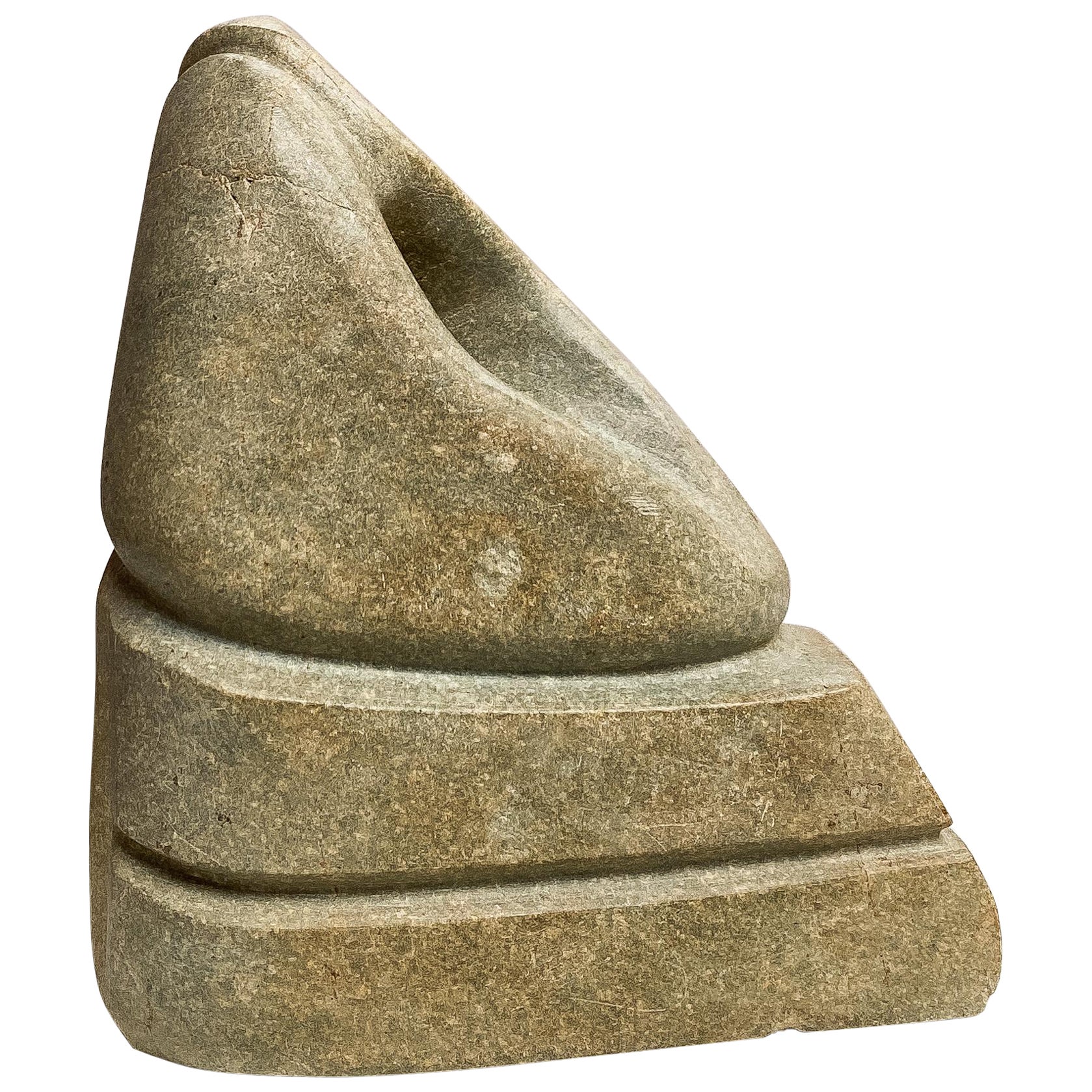 Organic shaped Abstract Mid-Century Sculpture in Greenish Stone, Hand Carved For Sale