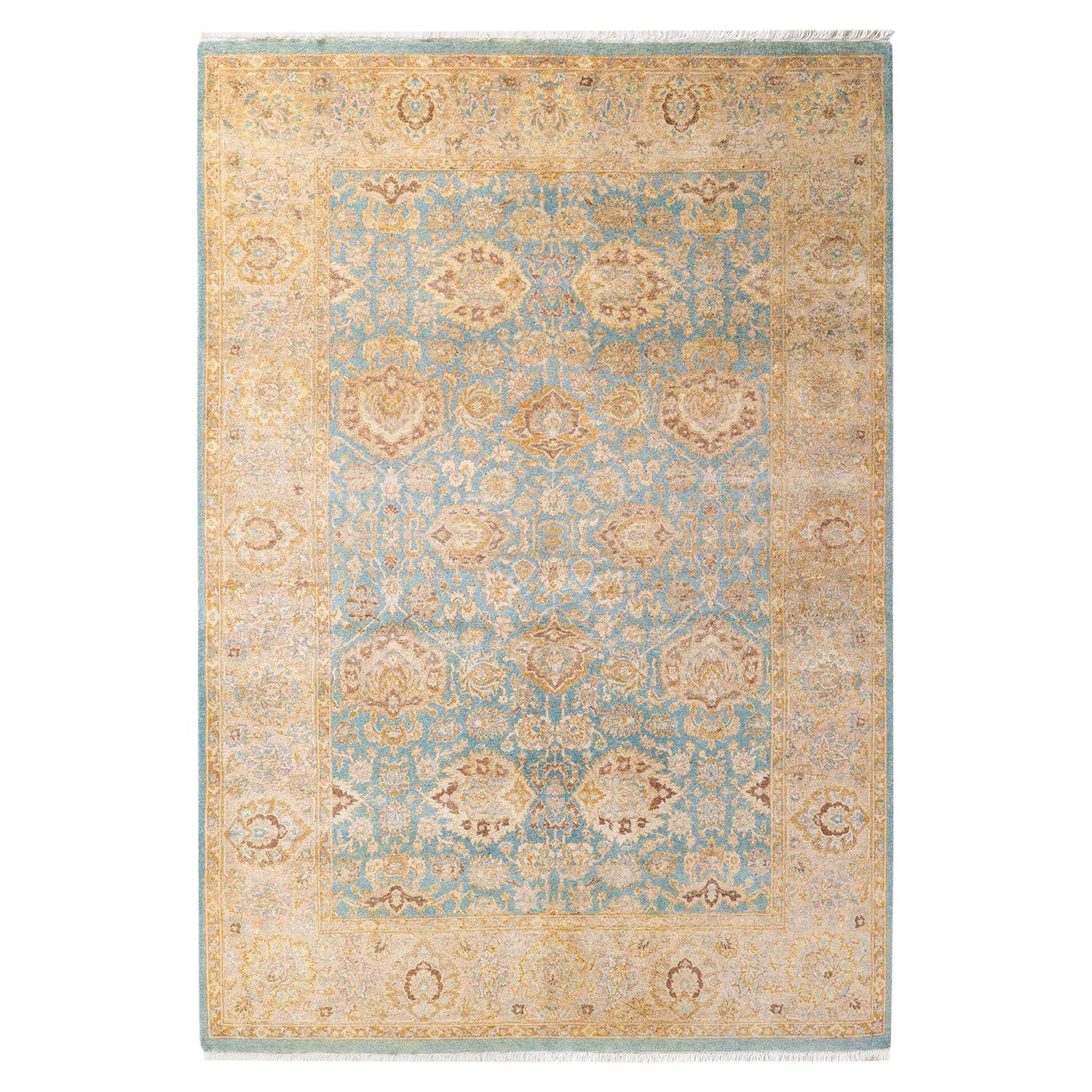 One of a Kind Hand Knotted Traditional Oriental Mogul Light Blue Area Rug 