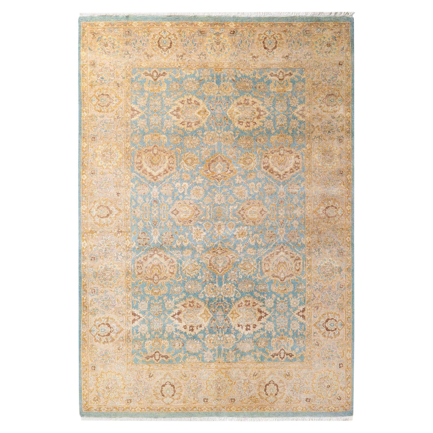 One of a Kind Hand Knotted Traditional Oriental Mogul Light Blue Area Rug