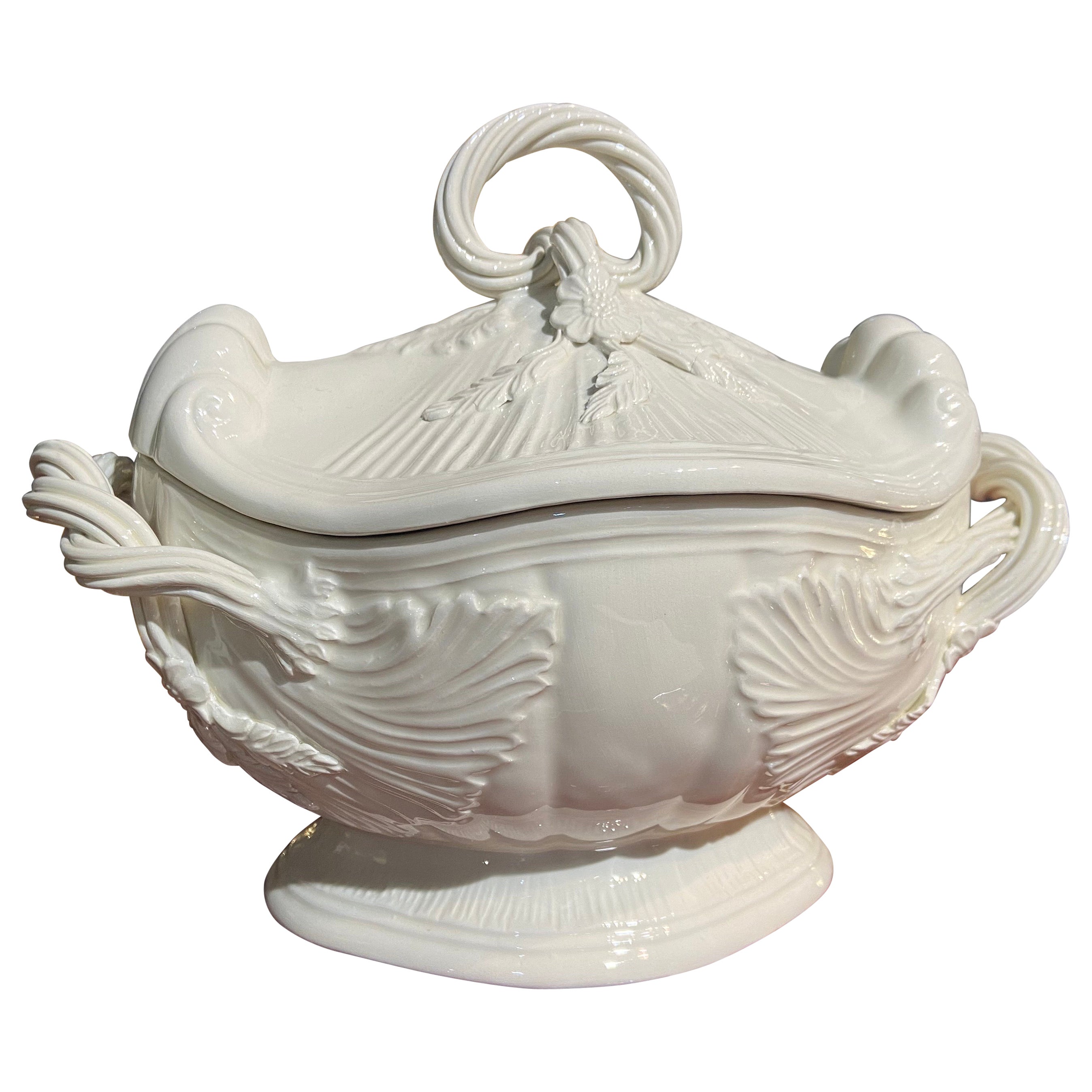 19th Century French Glazed Ceramic Soup Tureen Decorated with Ribbons For Sale