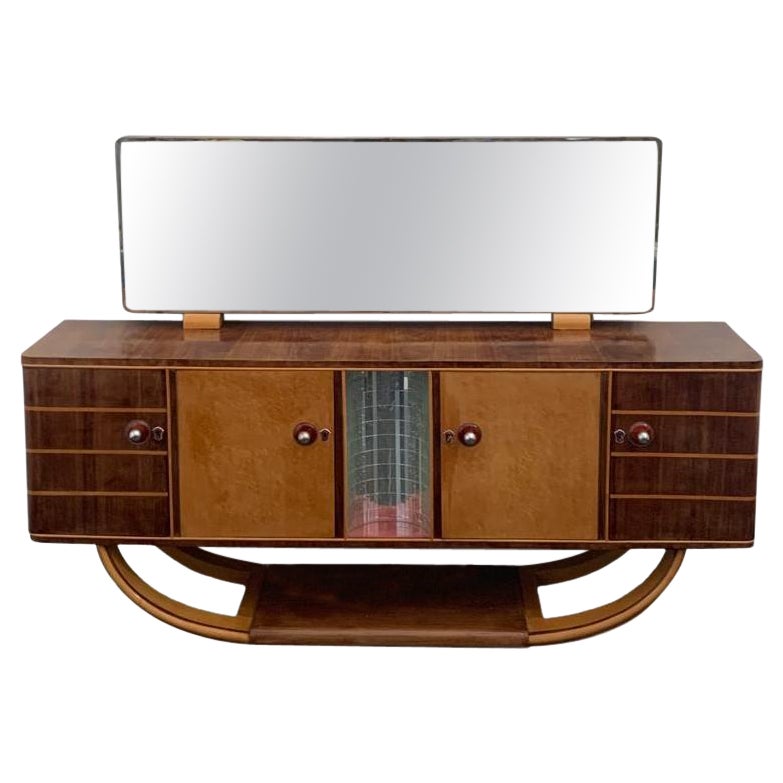Art Deco Credenza in Rosewood and Maple with Mirror by Paolo Buffa, 1940s, Set