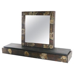 Extra Long Brutalist Wall Mount Shelf and Matching Wall Mirror by Paul Evans