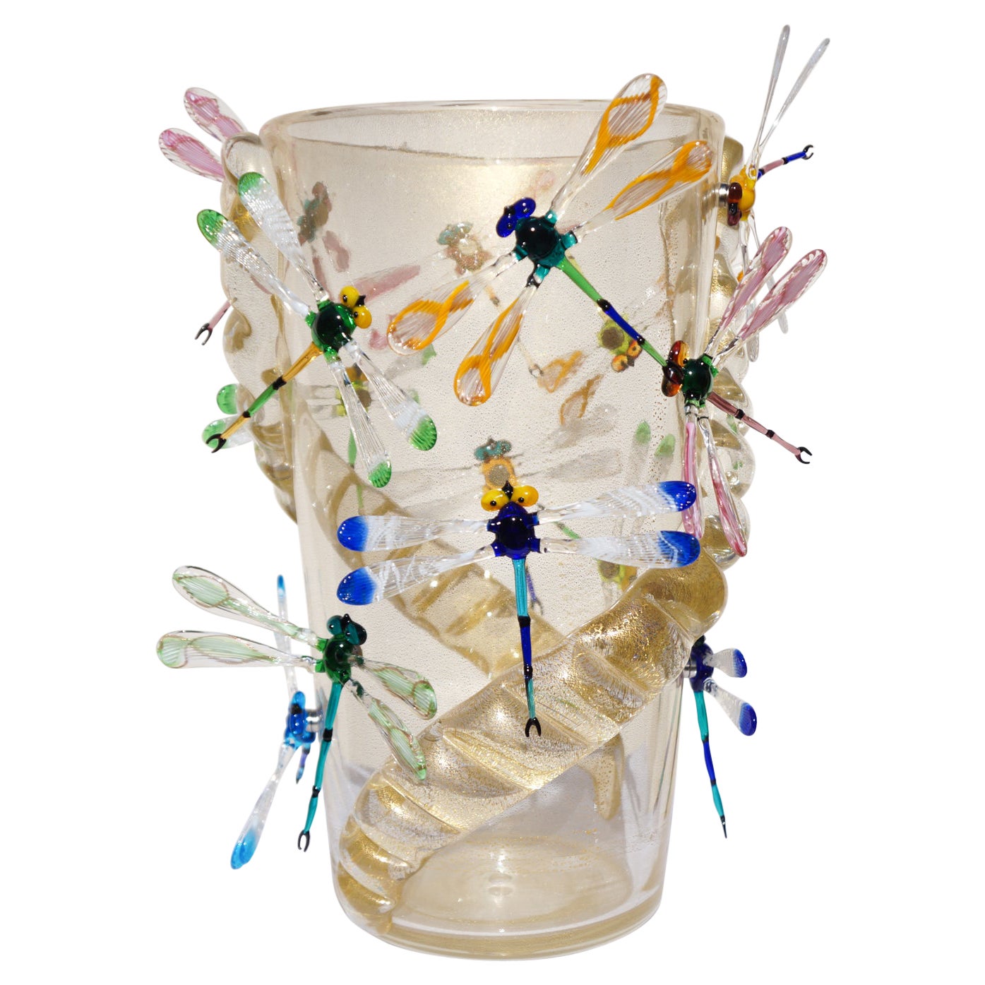 Costantini Diego Modern Real Gold Made Murano Glass Vase with Dragonflies For Sale