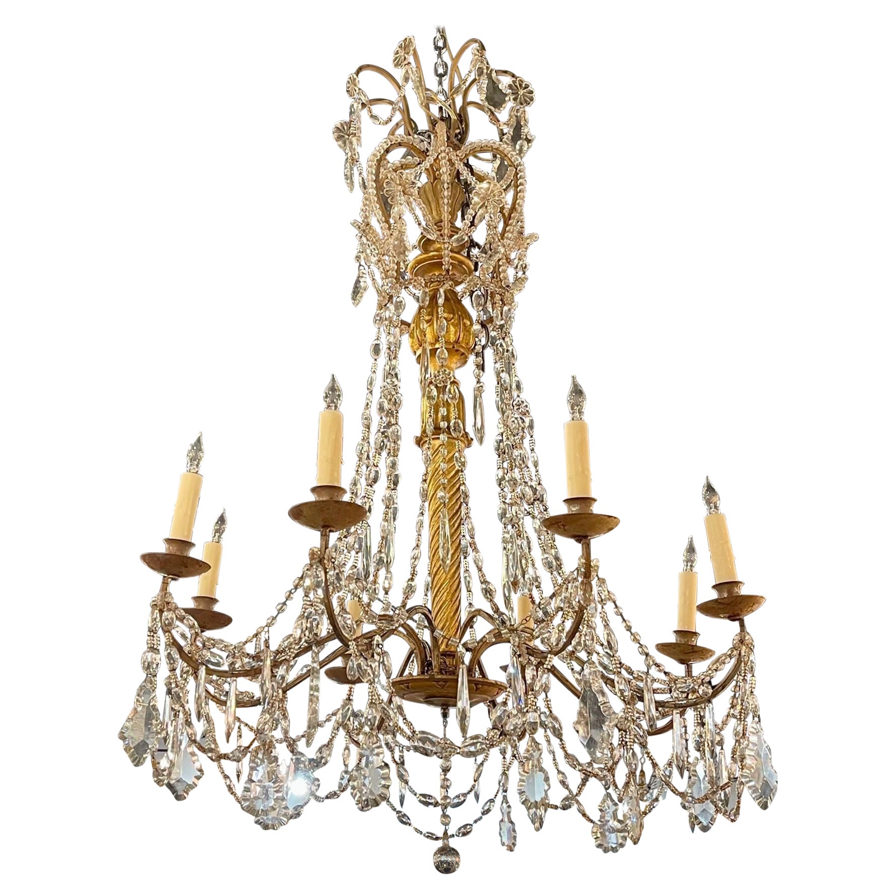18th Century Italian Giltwood and Crystal 8 Light Chandelier