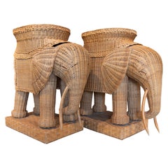 Vintage 1970s Pair of Spanish Hand Woven Wicker Elephant Pedestal Side Tables