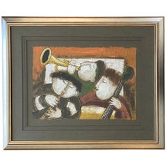 Large Oil Painting on Rice Paper Three Young Musicians by Joyce Roybal