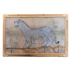 1980s Indian Hand Painted Tiger Painting with Bamboo Frame