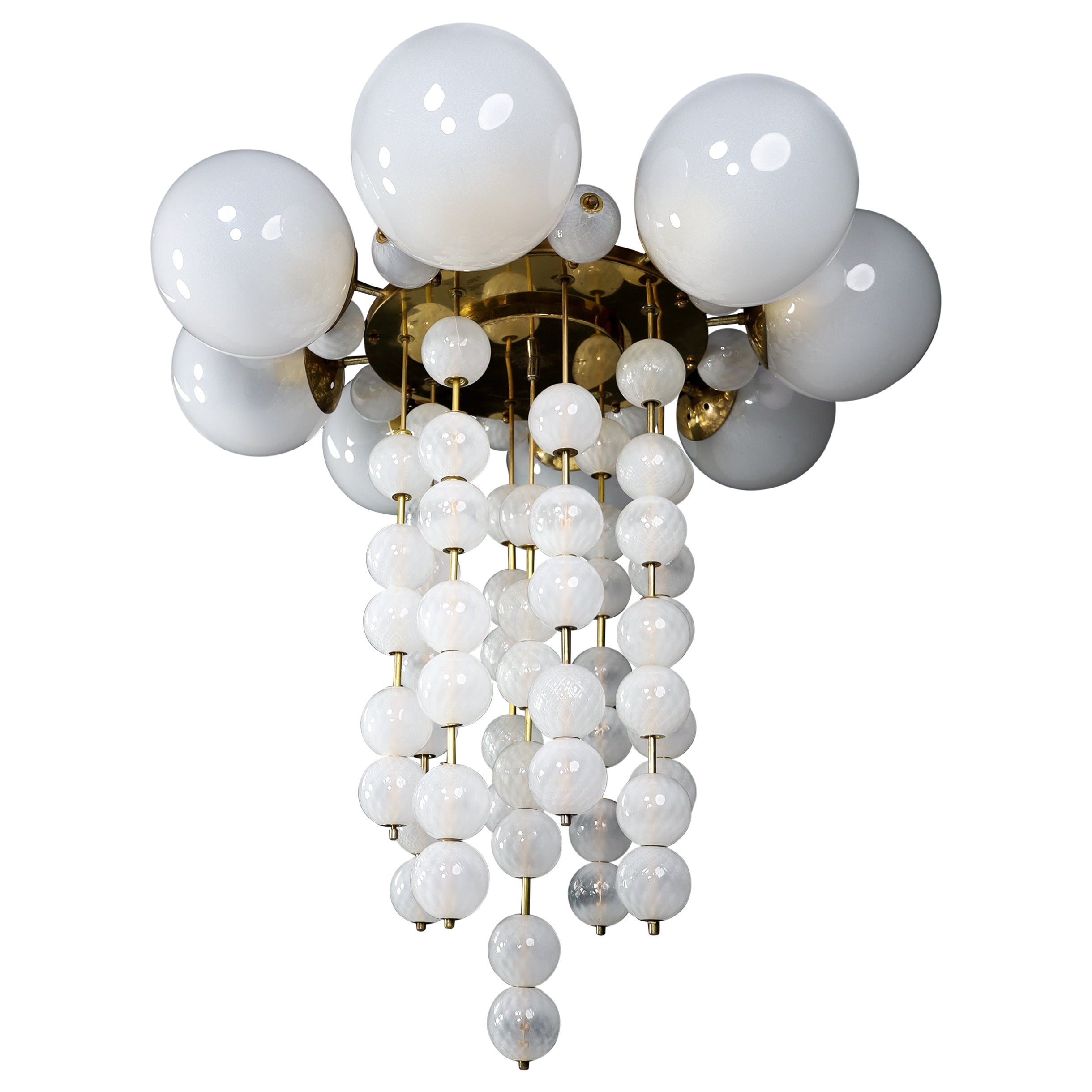 Grand Chandelier with Brass Fixture and Hand-blowed Frosted Glass Globes, 1960s For Sale