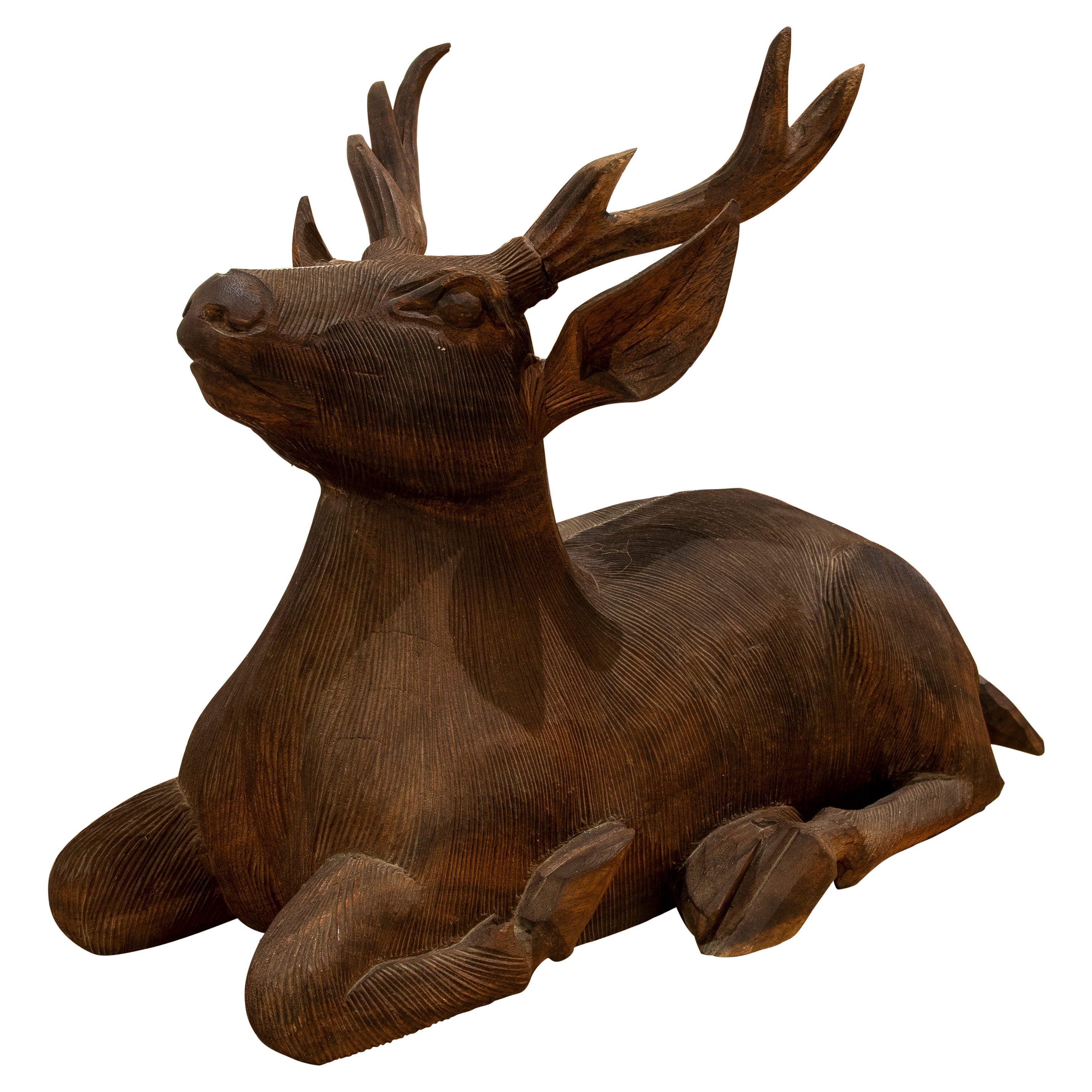 1970s Sculpture Carved in Wood of a Lying Deer 