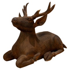 Vintage 1970s Sculpture Carved in Wood of a Lying Deer 