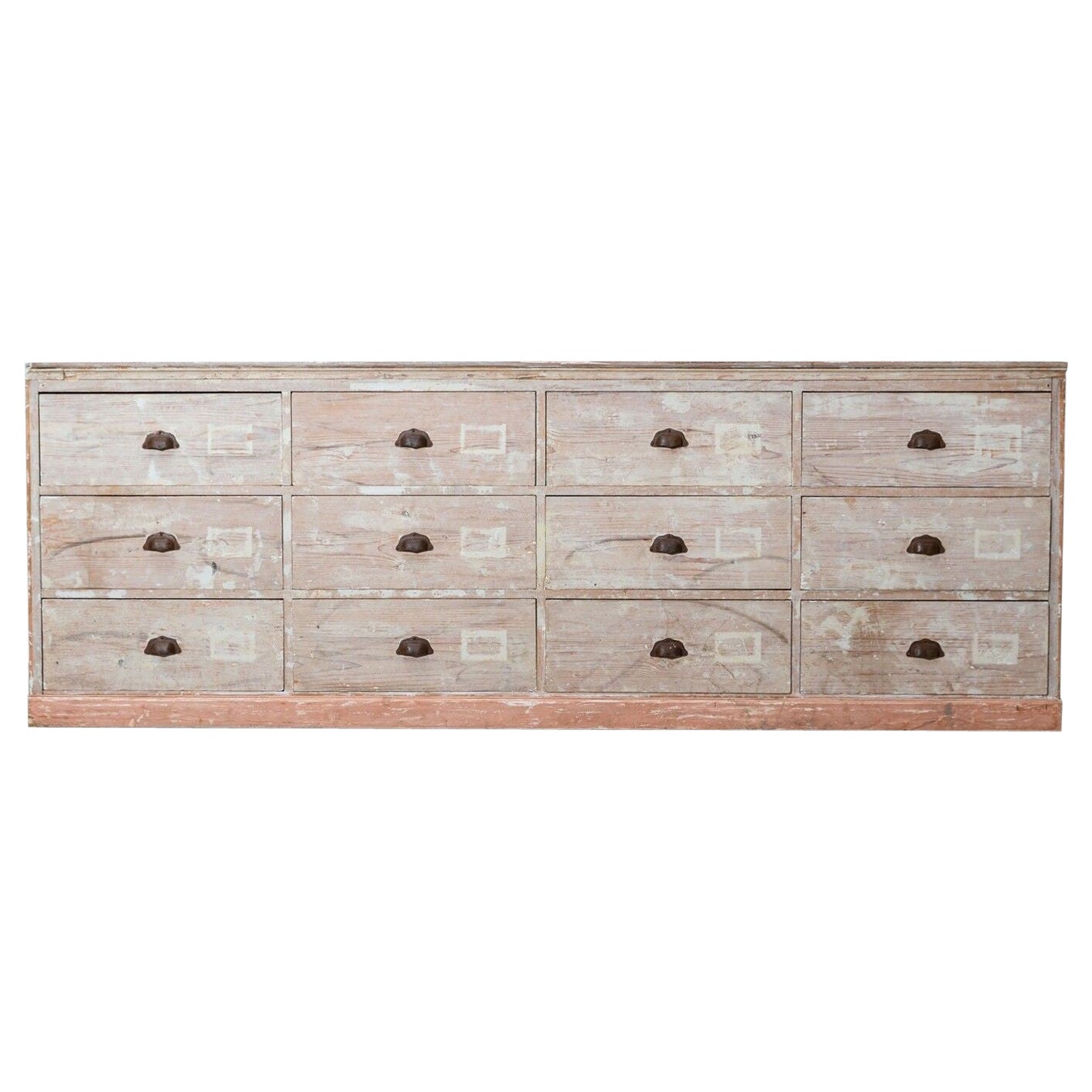 19thC Monumental Dry Scraped French Bank of Pine Drawers For Sale