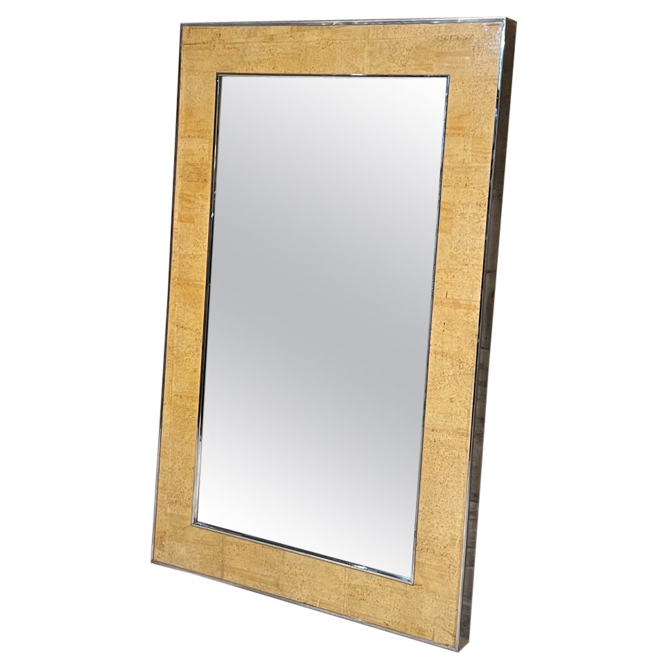 1980s Modern Burlwood and Chrome Wall Mirror Style of Milo Baughman For Sale