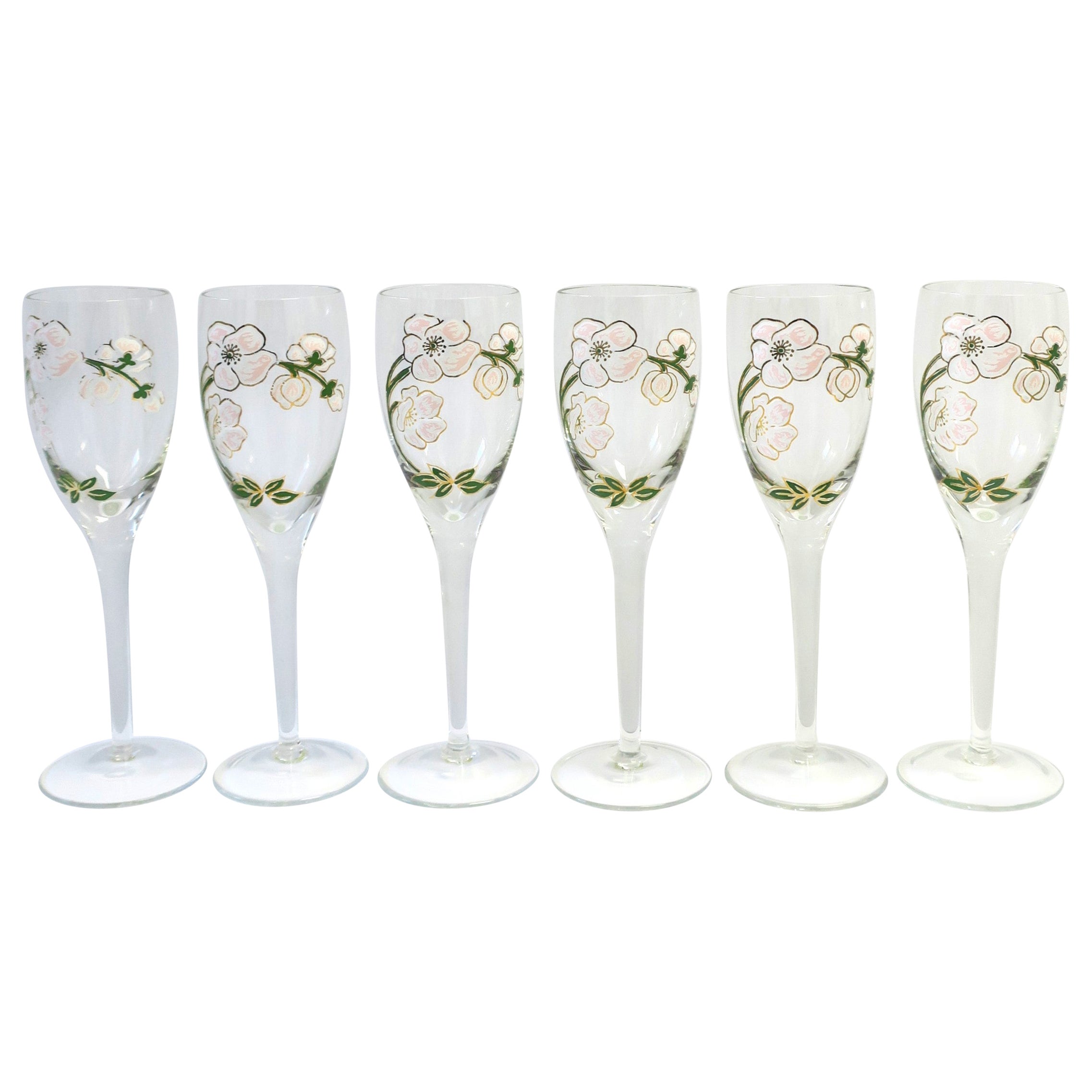 French Perrier-Jouet Champagne Flutes Glasses Art Nouveau, Set of 6