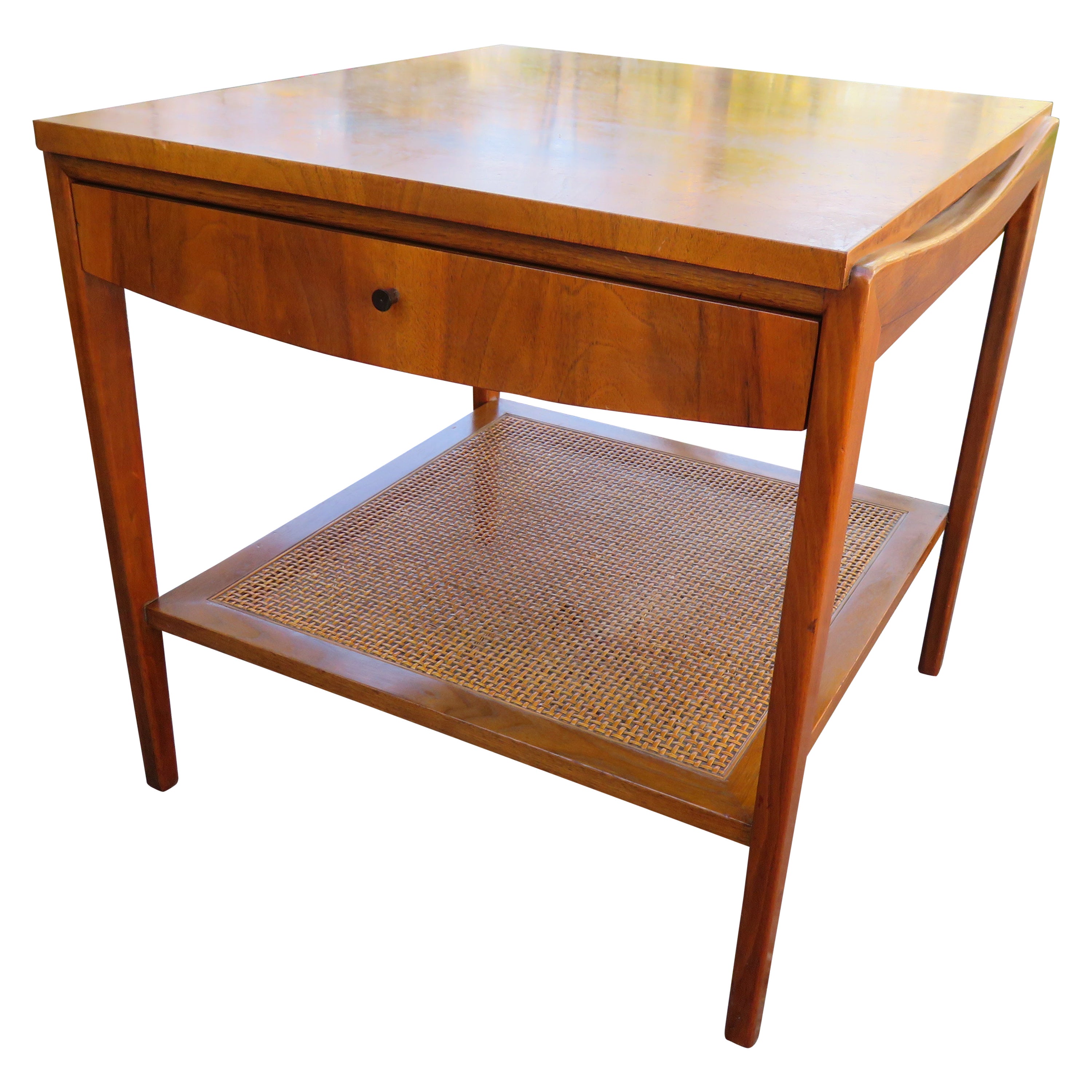Lovely Widdicomb Walnut & Cane Single Drawer End Table Mid-Century Modern For Sale