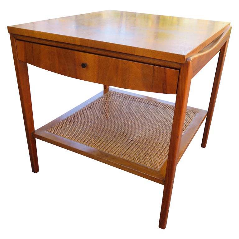 Lovely Walnut and Cane Single Drawer End Table MidCentury