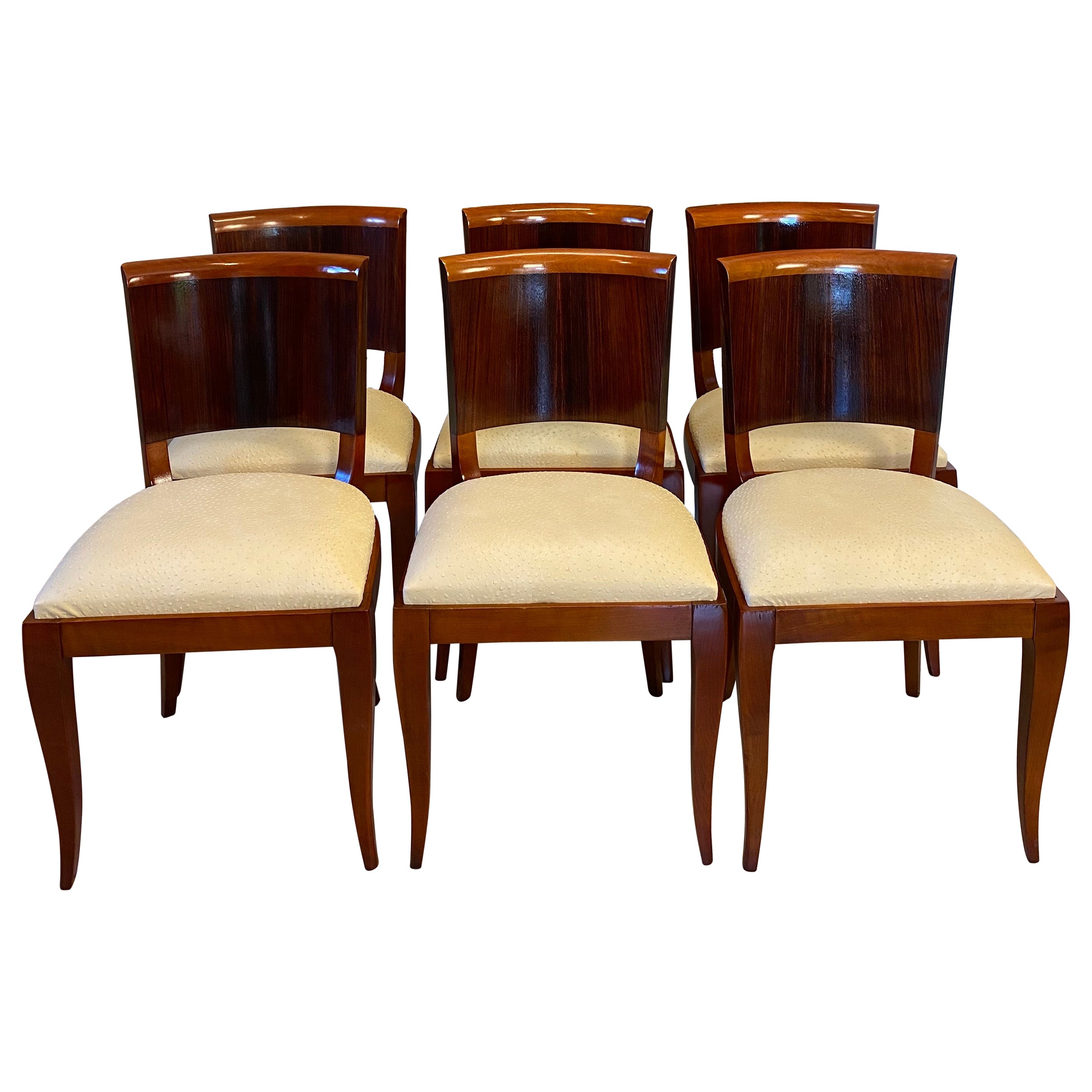 Set of 6 French Art Deco Dining Chairs, Refinished and Upholstered