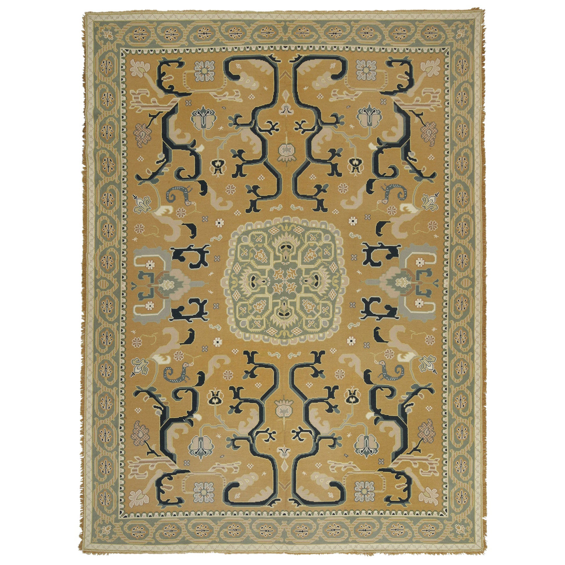 Antique Needlepoint Rug in Gold with Blue Medallion and Florals