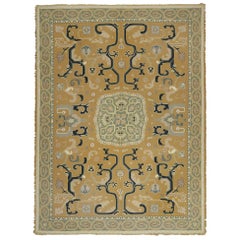 Antique Needlepoint Rug in Gold with Blue Medallion and Florals, by Rug & Kilim