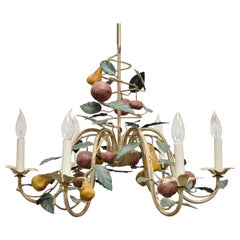 Vintage Painted Fruit Tole Metal French Country Style Light Fixture Chandelier