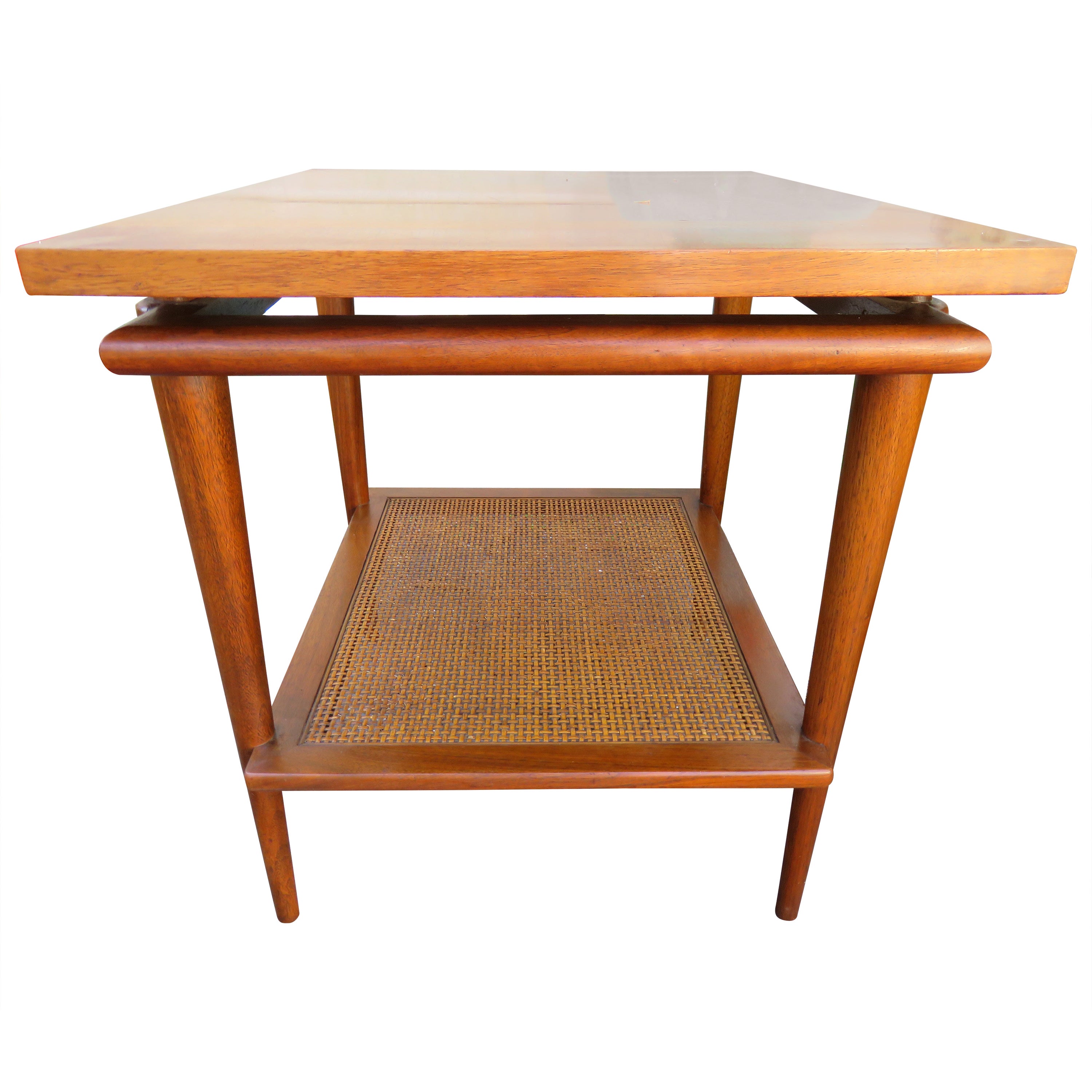 Handsome Widdicomb Two-Tier Walnut and Cane Side Table Mid-Century