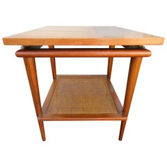 Handsome Widdicomb Two-Tier Walnut and Cane Side Table Mid-Century
