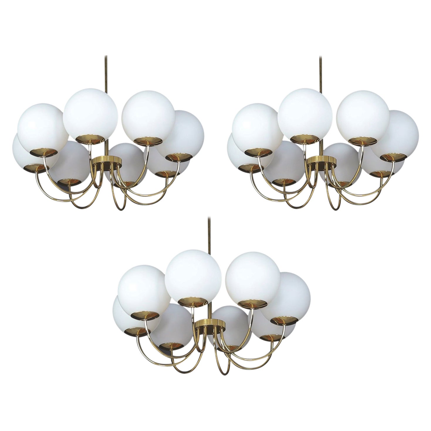 1 of 3 Elegant Chandeliers with Brass Fixture and Opaline Glass Globes, 1960s For Sale